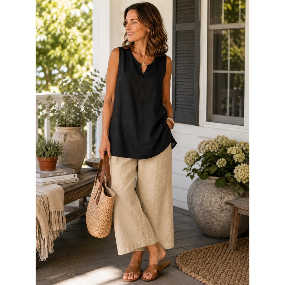 FLAX Black 100% Linen Sleeveless V-Neck Tank Top Size P Petite Lagenlook